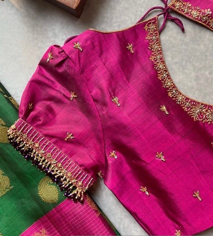 pure silk hand embroidery blouse/pink maggam blouse /raw silk puff sleeve blouse/pink hand embroidered blouse/readymade handwork blouse usa