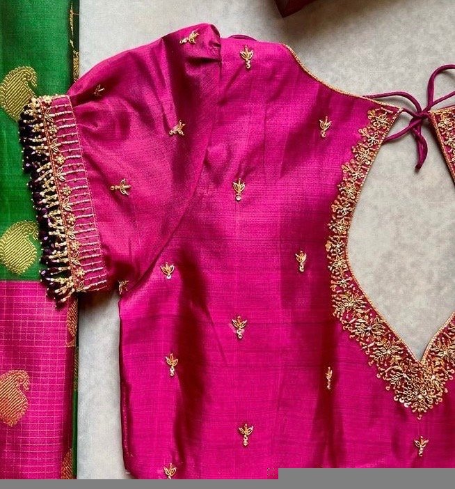 pure silk hand embroidery blouse/pink maggam blouse /raw silk puff sleeve blouse/pink hand embroidered blouse/readymade handwork blouse usa