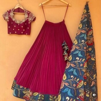 Maroon Red Lehenga Set: Hand-Painted Kalamkari Dupatta, Silk Skirt