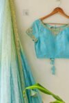Ombre Lehenga Choli Set: Blue & Yellow Silk Skirt, Embroidered Crop Top