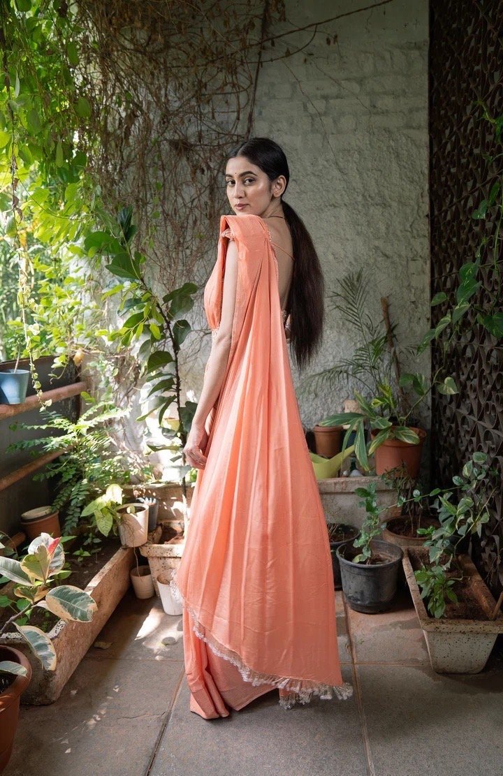 Peach silk saree with hand embroidered blouse/peach chinnon saree with handwork blouse/ silk saree with belt /peach designer saree with belt