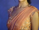 Peach silk saree with hand embroidered blouse/peach chinnon saree with handwork blouse/ silk saree with belt /peach designer saree with belt