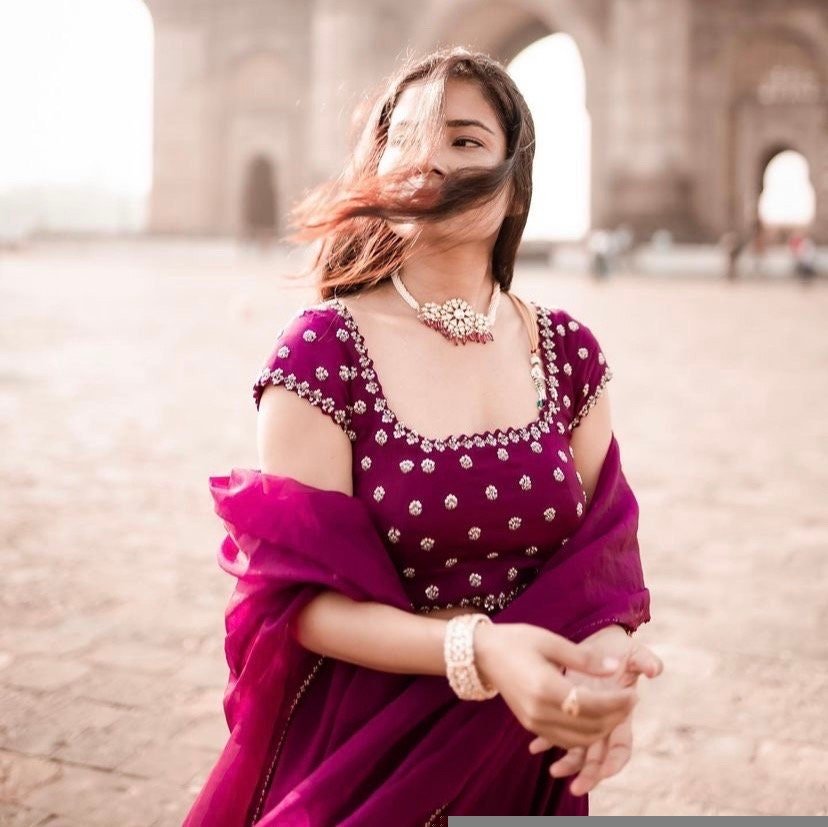 Women’s lehenga set/plum croptop lehenga/Indian crop top skirt USA/hand embroideredwedding lehenga USA/plum color silk skirt/organza lehenga