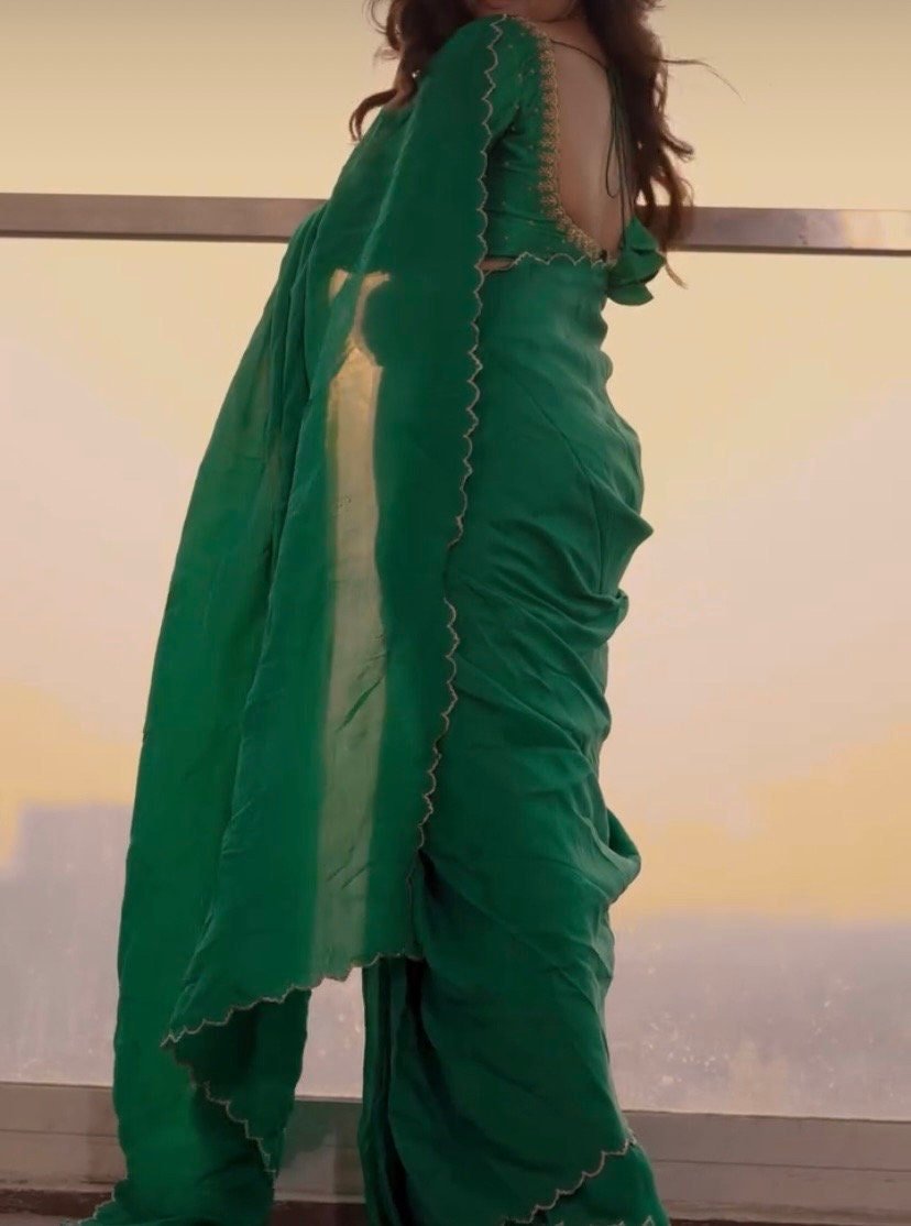 pure silk green sari set with hand embroidery blouse/saree with maggam blouse/raw silk zardosi blouse/hand embroidered blouse organza saree