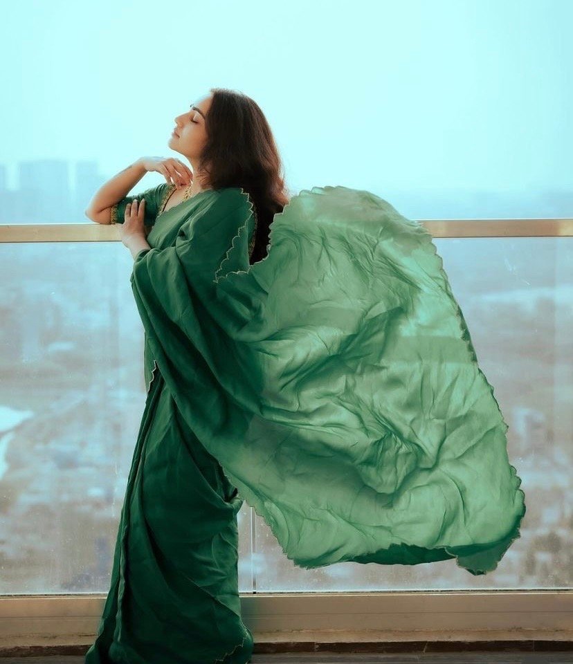 pure silk green sari set with hand embroidery blouse/saree with maggam blouse/raw silk zardosi blouse/hand embroidered blouse organza saree