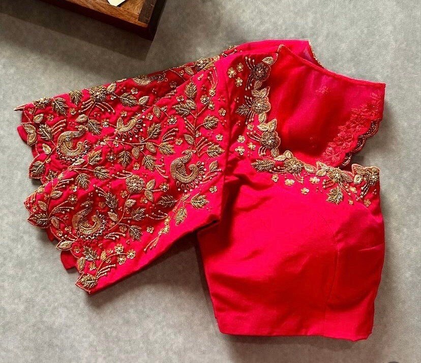 pure silk hand embroidery blouse/saree maggam blouse/hot pink zardosi blouse/hand embroidered blouse /magenta pink ready made blouse zardosi