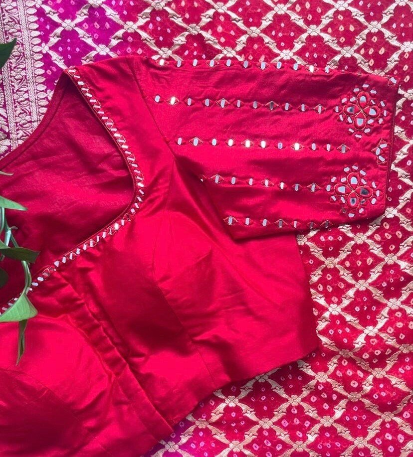 pure silk red hand embroidery blouse/saree maggam blouse/raw silk zardosi blouse/red mirror handembroidered blouse/ready made blouse zardosi