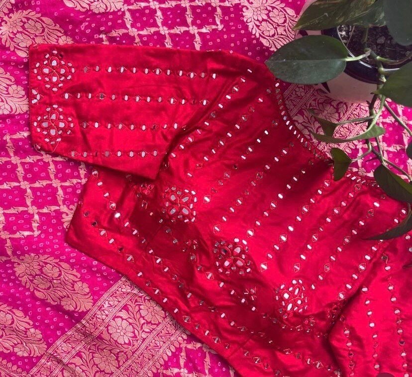 pure silk red hand embroidery blouse/saree maggam blouse/raw silk zardosi blouse/red mirror handembroidered blouse/ready made blouse zardosi