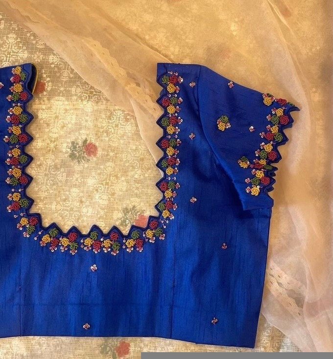 pure silk hand embroidery blouse/bluesaree maggam blouse/zardosi blouse usa/hand embroidered blouse/royal blue ready made blouse zardosi usa