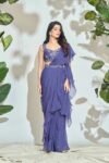 Ruffle saree with blouse/blue ruffle saree with stitched blouse/saree belt with blouse/blue modern ruffle saree/cocktail saree with belt