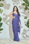 Ruffle saree with blouse/blue ruffle saree with stitched blouse/saree belt with blouse/blue modern ruffle saree/cocktail saree with belt