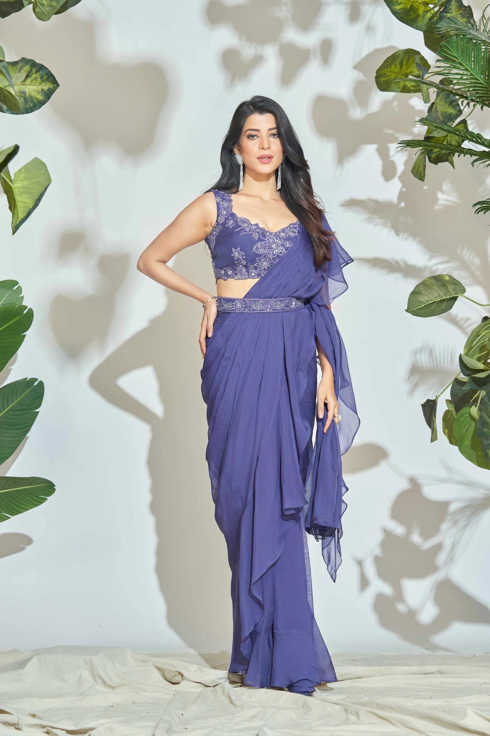 Ruffle saree with blouse/blue ruffle saree with stitched blouse/saree belt with blouse/blue modern ruffle saree/cocktail saree with belt