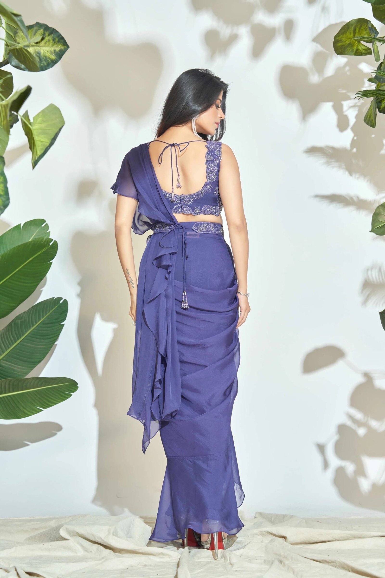 Ruffle saree with blouse/blue ruffle saree with stitched blouse/saree belt with blouse/blue modern ruffle saree/cocktail saree with belt