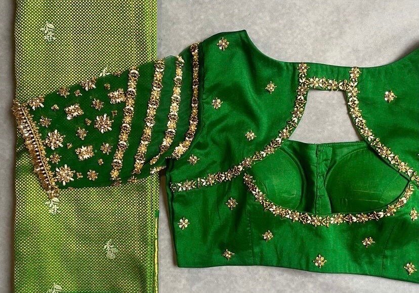 pure silk green hand embroidery blouse/saree maggam blouse/raw silk zardosi blouse/green hand embroidered blouse/ready made green blouse usa