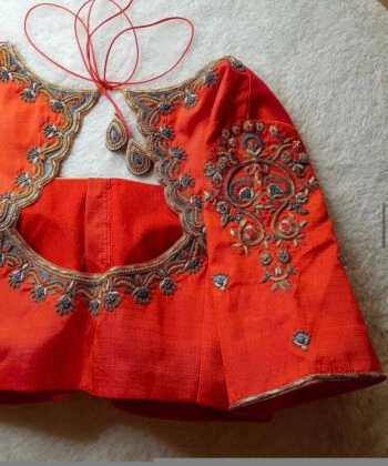 pure silk hand embroidery blouse/orange saree maggam blouse/raw silk zardosi blouse/hand embroidered blouse/ready made blouse/orange blouse