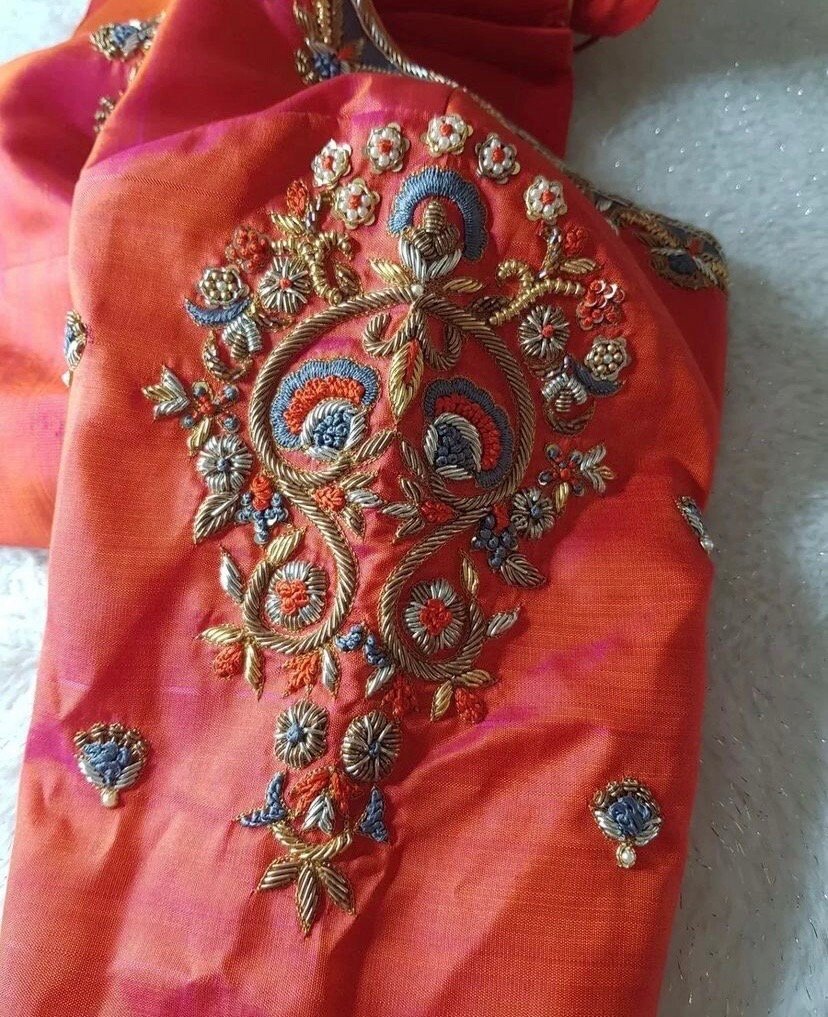 pure silk hand embroidery blouse/orange saree maggam blouse/raw silk zardosi blouse/hand embroidered blouse/ready made blouse/orange blouse