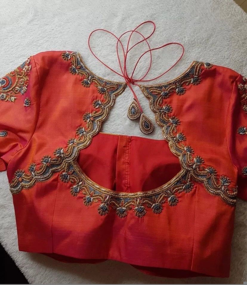 pure silk hand embroidery blouse/orange saree maggam blouse/raw silk zardosi blouse/hand embroidered blouse/ready made blouse/orange blouse