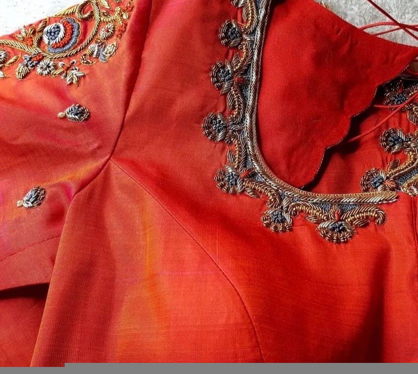 pure silk hand embroidery blouse/orange saree maggam blouse/raw silk zardosi blouse/hand embroidered blouse/ready made blouse/orange blouse