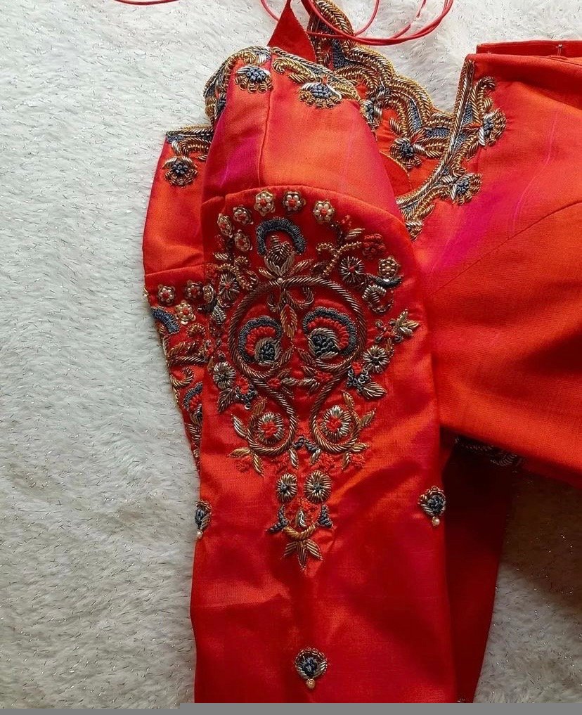 pure silk hand embroidery blouse/orange saree maggam blouse/raw silk zardosi blouse/hand embroidered blouse/ready made blouse/orange blouse