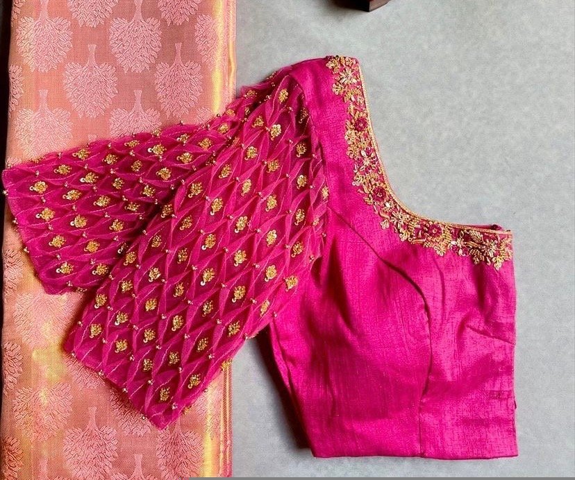pure silk hand embroidery blouse/saree maggam blouse/hot pink zardosi blouse/hand embroidered blouse /magenta pink ready made blouse zardosi