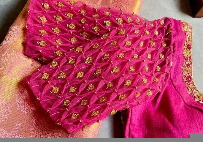 pure silk hand embroidery blouse/saree maggam blouse/hot pink zardosi blouse/hand embroidered blouse /magenta pink ready made blouse zardosi