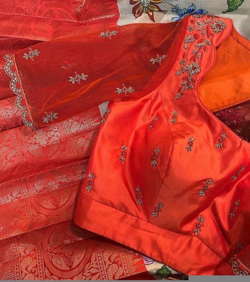 pure silk hand embroidery blouse/saree maggam blouse/orange zardosi blouse usa/hand embroidered modern blouse/ready made blouse zardosi usa
