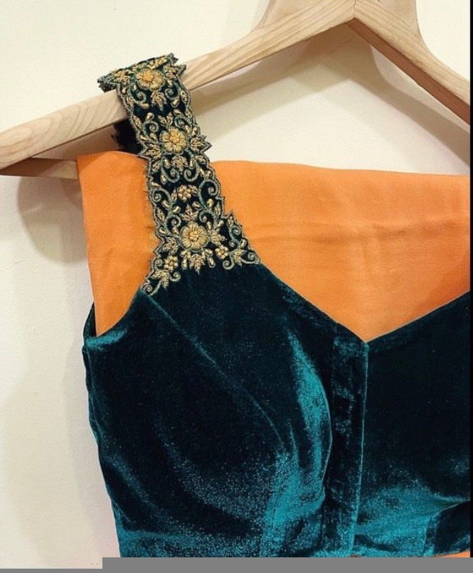 pure silk hand embroidery blouse/velvet saree maggam blouse/green zardosi blouse/hand embroidered moderblouse/green velvet sleeveless blouse