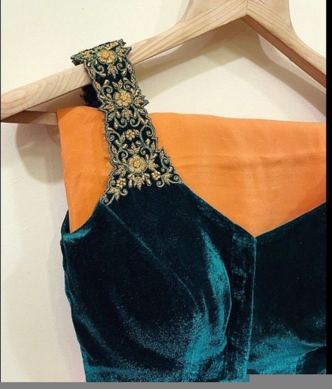 pure silk hand embroidery blouse/velvet saree maggam blouse/green zardosi blouse/hand embroidered moderblouse/green velvet sleeveless blouse