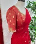 pure silk red sari set with hand embroidery blouse/saree with maggam blouse/red saree zardosi blouse/hand embroidered blouse organza saree