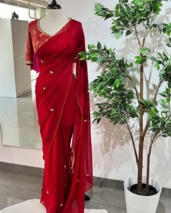 pure silk red sari set with hand embroidery blouse/saree with maggam blouse/red saree zardosi blouse/hand embroidered blouse organza saree