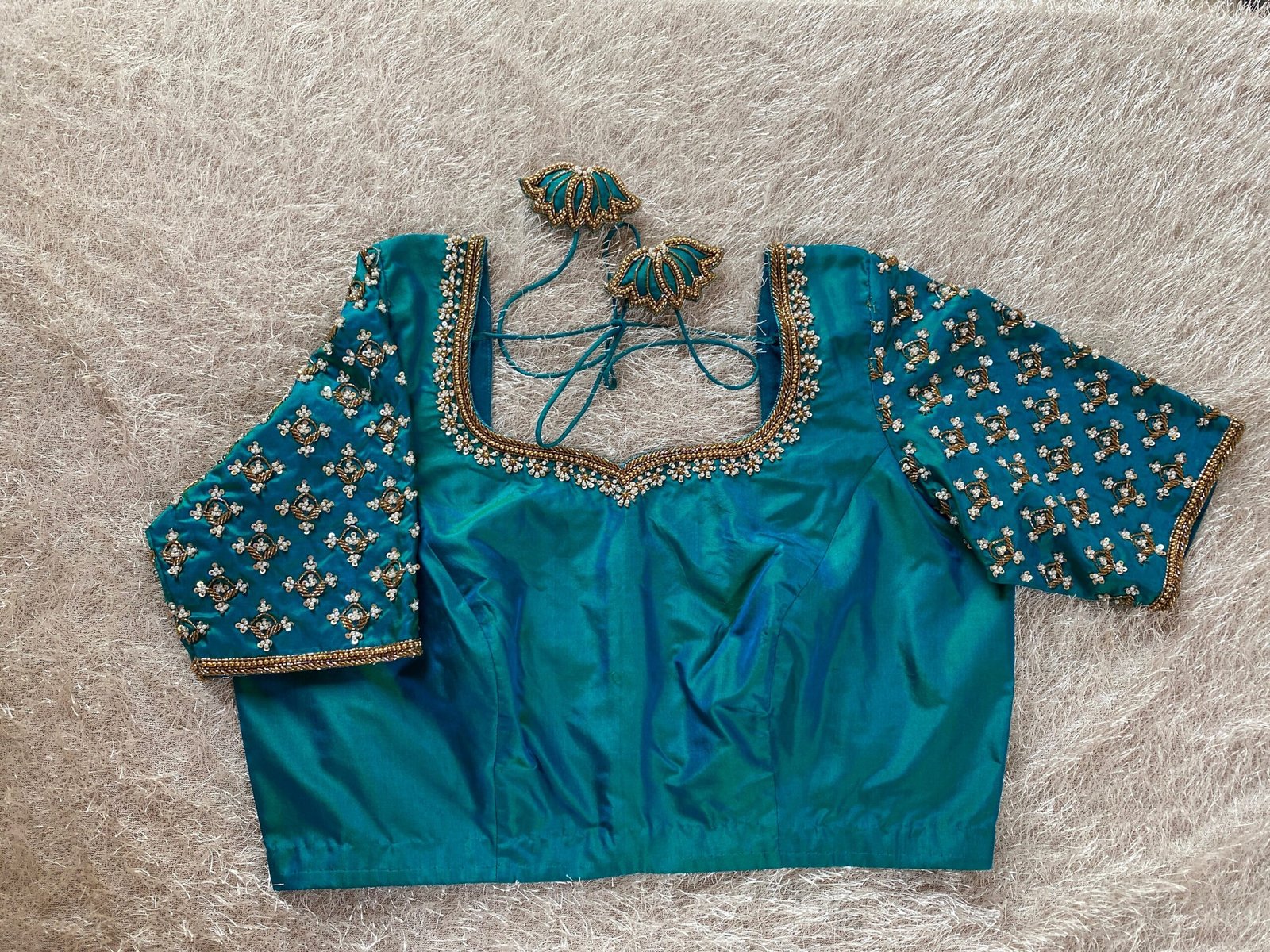 pure silk hand embroidery blouse/saree maggam blouse/blue zardosi blouse/turquoise blue embroidered blouse/blue ready made blouse zardosi