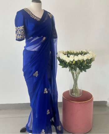 pure silk blue sari set with hand embroidery blouse/saree with maggam blouse/red saree zardosi blouse/hand embroidered blouse organza saree
