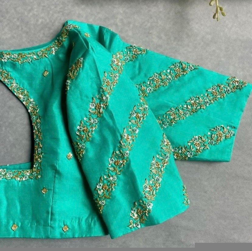 pure silk hand embroidery blouse/saree maggam blouse/ zardosi blouse/turquoise green embroidered blouse/sea green ready made blouse zardosi