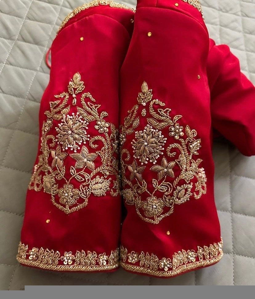 pure silk hand embroidery blouse/reddish pink maggam blouse /raw silk zardosi blouse/hand embroidered blouse /red ready made blouse zardosi