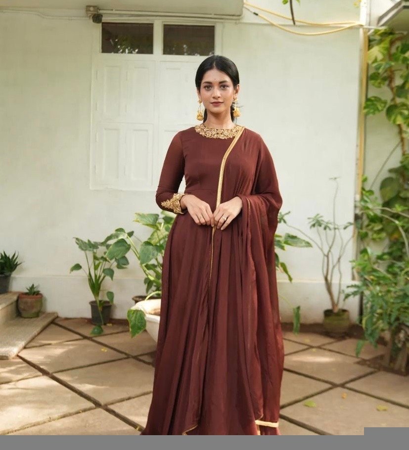 Hand embroidered Anarkali with dupatta/brown anarkali suit set/chinnon silk anarkali dupatta USA/Indian dresses/anarkali dress with dupatta