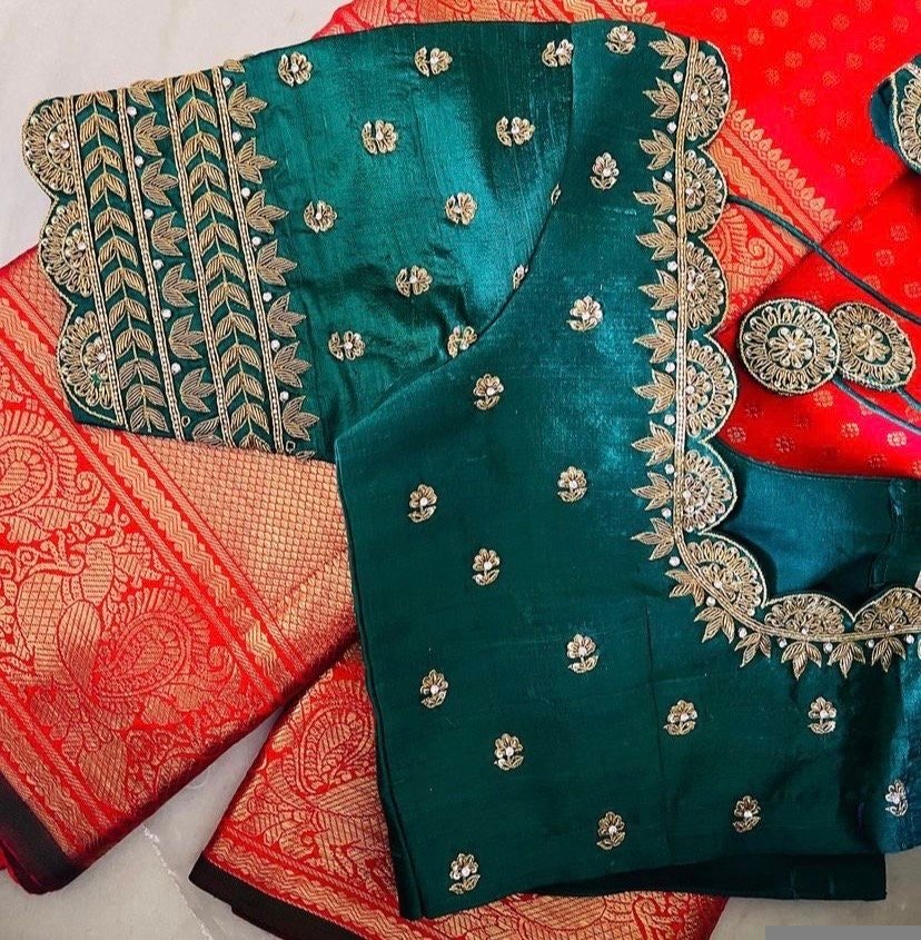 pure silk hand embroidery blouse/saree maggam blouse/green zardosi blouse usa/hand embroidered moderblouse/green ready made blouse zardosi