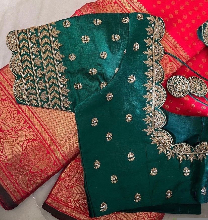 pure silk hand embroidery blouse/saree maggam blouse/green zardosi blouse usa/hand embroidered moderblouse/green ready made blouse zardosi