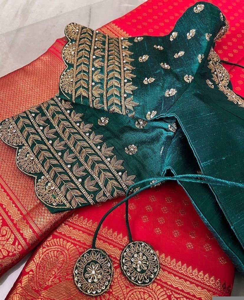 pure silk hand embroidery blouse/saree maggam blouse/green zardosi blouse usa/hand embroidered moderblouse/green ready made blouse zardosi