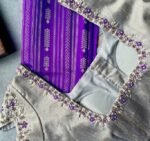 pure silk hand embroidery blouse/silver saree maggam blouse/short sleeve blouse/hand embroidered blouse/silver raw silk ready made blouse us