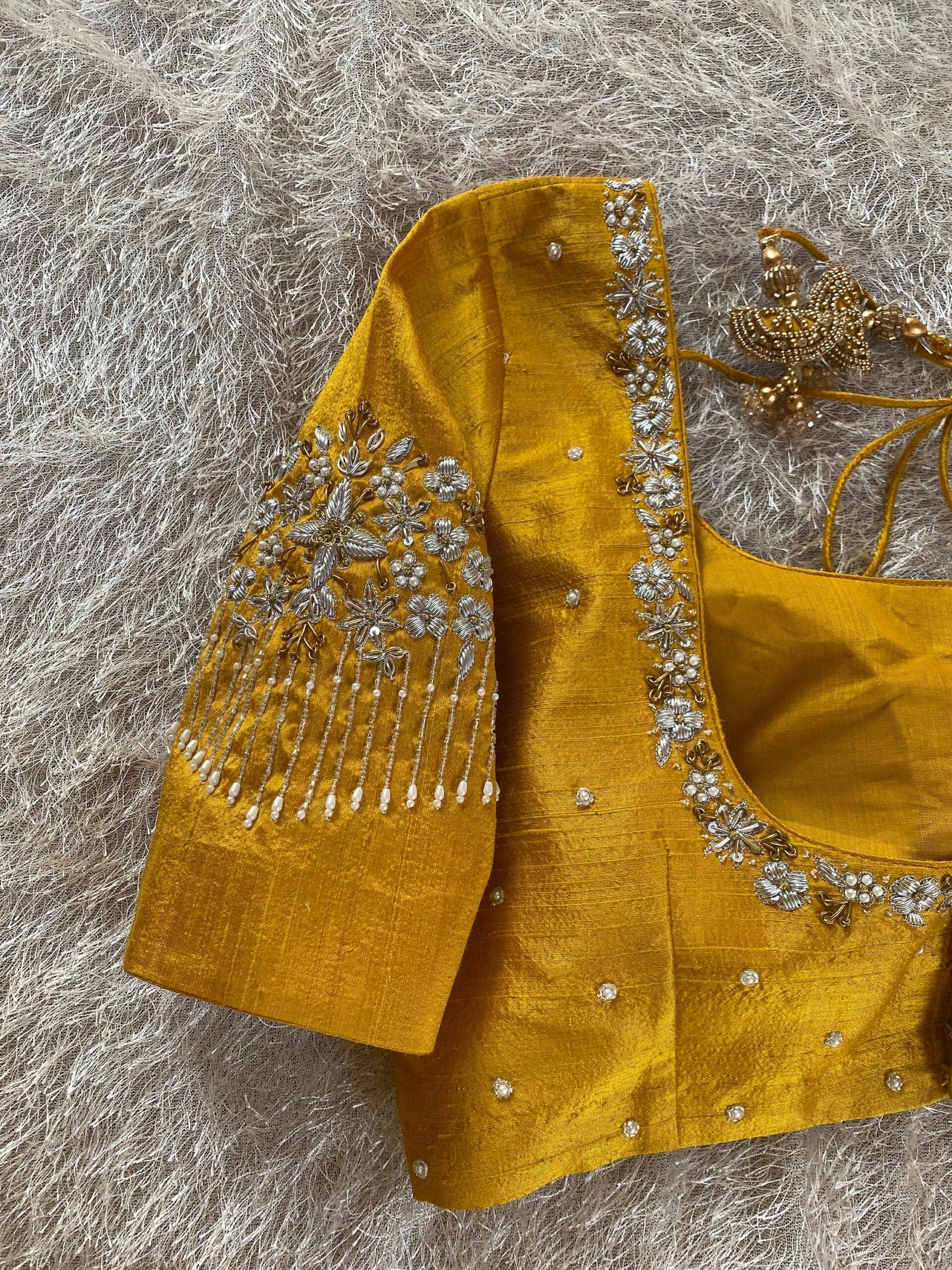 pure silk hand embroidery blouse/saree maggam blouse/yellow zardosi blouse/hand embroidered blouse /mustard yellow ready made blouse zardosi