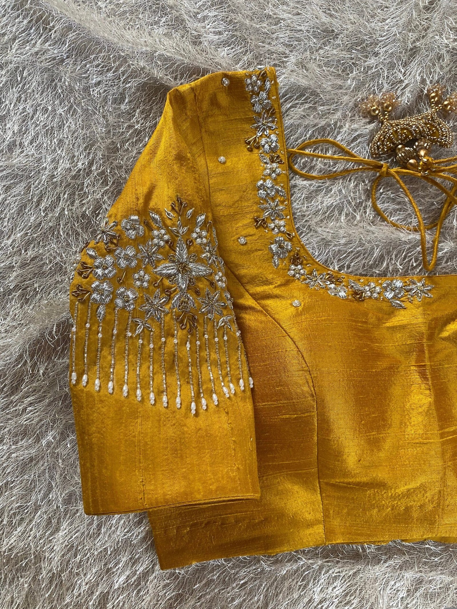 pure silk hand embroidery blouse/saree maggam blouse/yellow zardosi blouse/hand embroidered blouse /mustard yellow ready made blouse zardosi