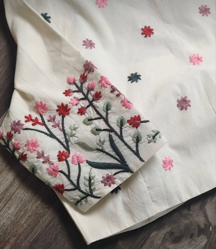 pure silk hand embroidery blouse/cream maggam blouse/pure raw silk zardosi blouse/hand embroidered blouse/cream designer ready made blouse