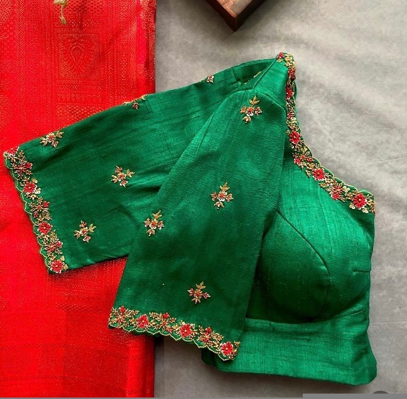 pure silk hand embroidery blouse/saree maggam blouse/green zardosi blouse/hand embroidered moderblouse/green ready made blouse zardosi usa