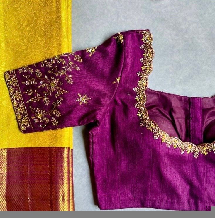 pure silk hand embroidery blouse/magenta pink maggam blouse/purple zardosi blouse/wedding hand embroidered blouse/bridal ready made blouse