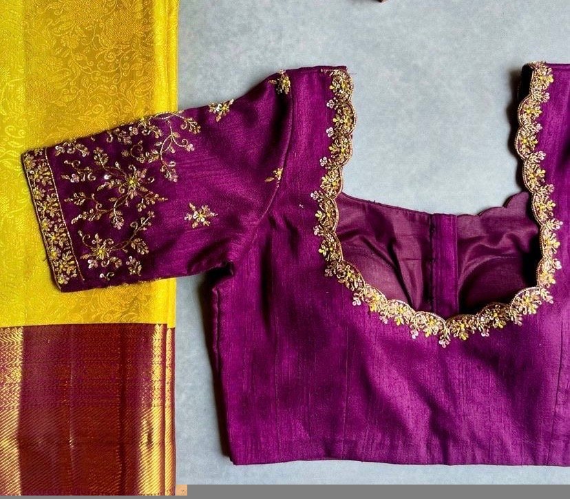 pure silk hand embroidery blouse/magenta pink maggam blouse/purple zardosi blouse/wedding hand embroidered blouse/bridal ready made blouse
