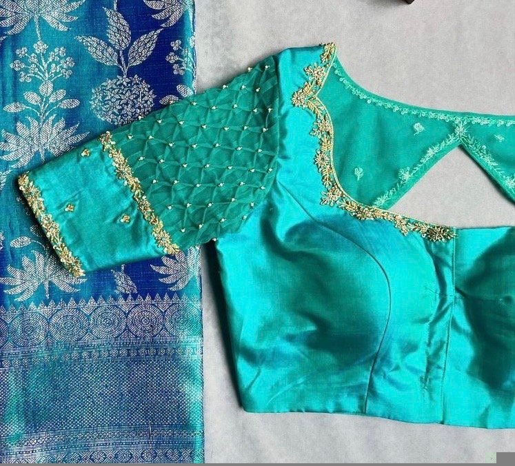pure silk hand embroidery blouse/saree maggam blouse/ zardosi blouse/turquoise green embroidered blouse/sea green ready made blouse zardosi