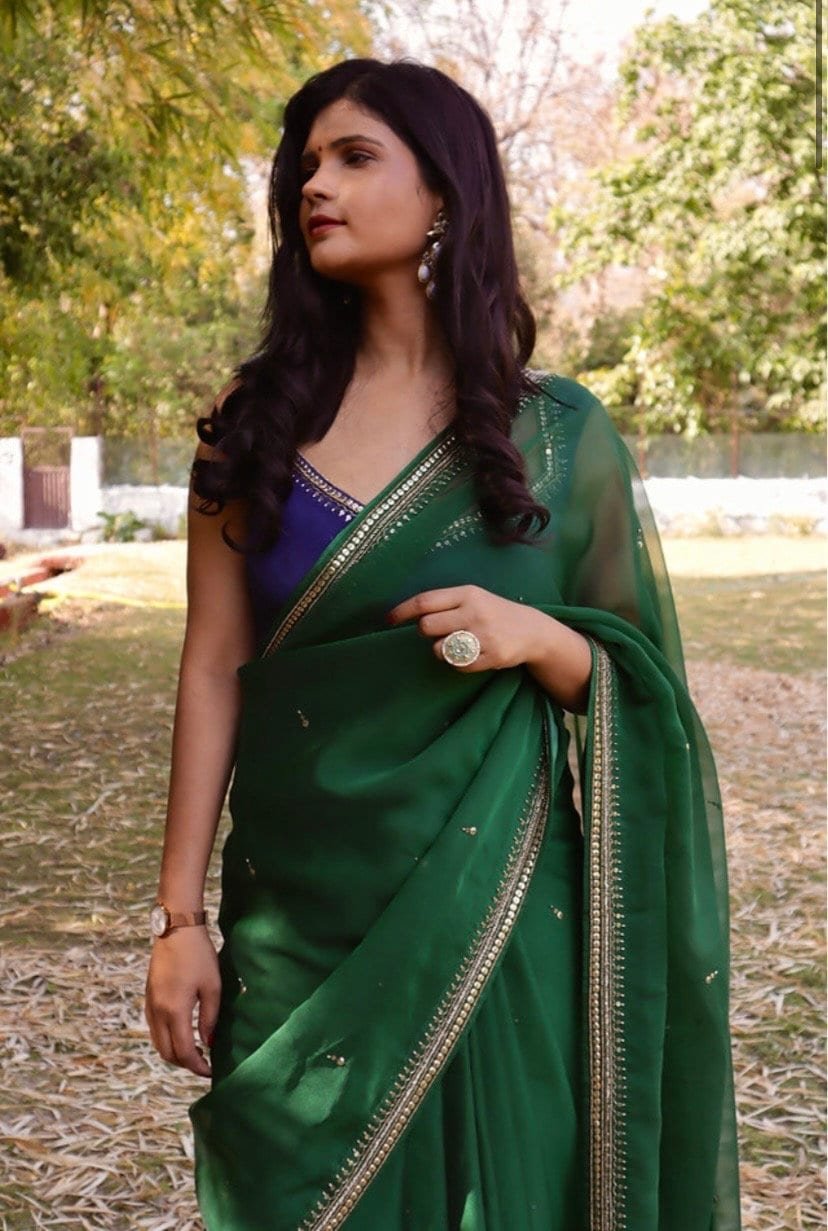 Green chinnon saree with hand embroidered blouse/green saree with blue hand work blouse|sarees USA/ blue pure silk saree/maggam work blouse