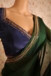 Green chinnon saree with hand embroidered blouse/green saree with blue hand work blouse|sarees USA/ blue pure silk saree/maggam work blouse