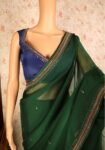 Green chinnon saree with hand embroidered blouse/green saree with blue hand work blouse|sarees USA/ blue pure silk saree/maggam work blouse