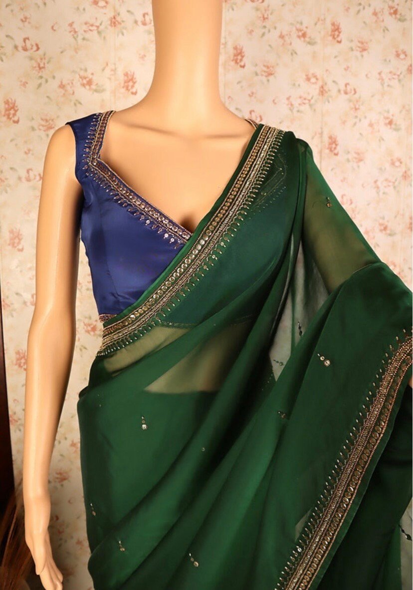 Green chinnon saree with hand embroidered blouse/green saree with blue hand work blouse|sarees USA/ blue pure silk saree/maggam work blouse